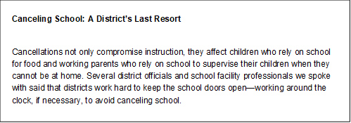 Canceling School: A District’s Last Resort 
Cancellations not only compromise instruction, they affect children who rely on school for food and working parents who rely on school to supervise their children when they cannot be at home. Several district officials and school facility professionals we spoke with said that districts work hard to keep the school doors open—working around the clock, if necessary, to avoid canceling school. 
