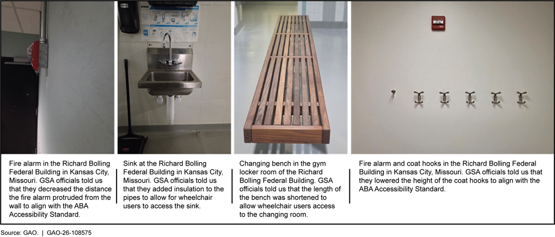 Four images showing building features. The first shows a wall-mounted fire alarm near a doorway. The second shows a stainless-steel sink with soap and paper towel dispensers above it. The third shows a long wooden bench with slats. The fourth shows a wall with multiple coat hooks and a fire alarm above them. Source: GAO. GAO-26-108575