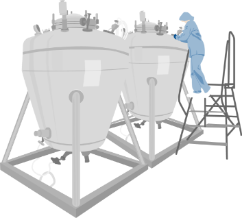 Illustrations of a woman in a lab holding a test tube and tanks used in the production of drugs and vaccines.