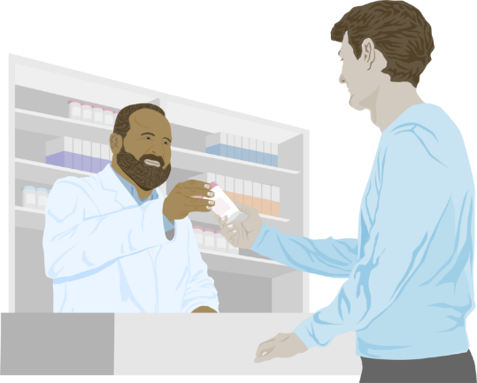Illustration of a man picking up a prescription from a pharmacist.
