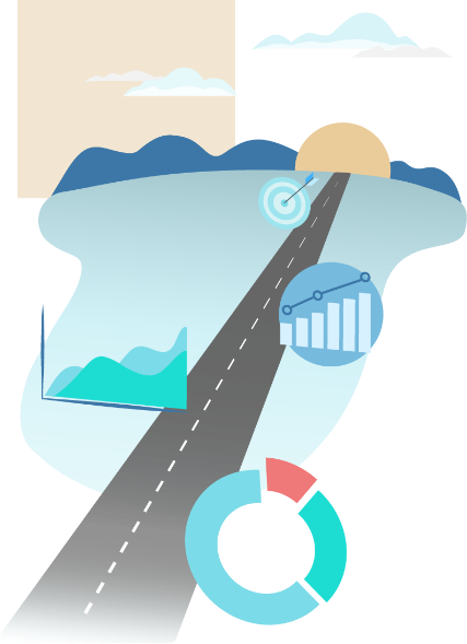 Illustration of a road leading to the horizon with icons signifying metrics and goals along the side of the road