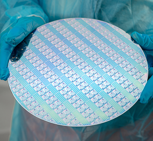 A silicon wafer used in the manufacture of semiconductors.
